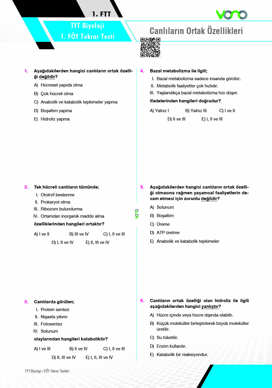 TYT BİYOLOJİ FÖY TEKRAR TESTLERİ
